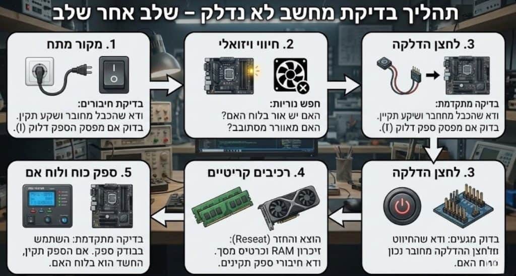 תהליך בידקה מחשב לא נדלק שלב אחר שלב